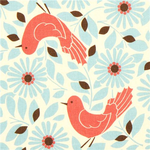 cute Kokka fabric with red bird and blue flowers 1