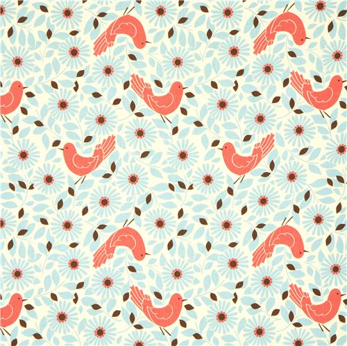 cute Kokka fabric with red bird and blue flowers 2
