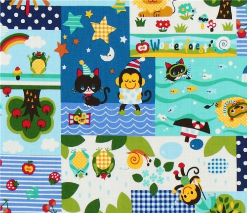 cute Monkey Kitty blue Kokka Fabric from Japan kawaii 2