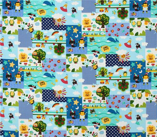 cute Monkey Kitty blue Kokka Fabric from Japan kawaii 3