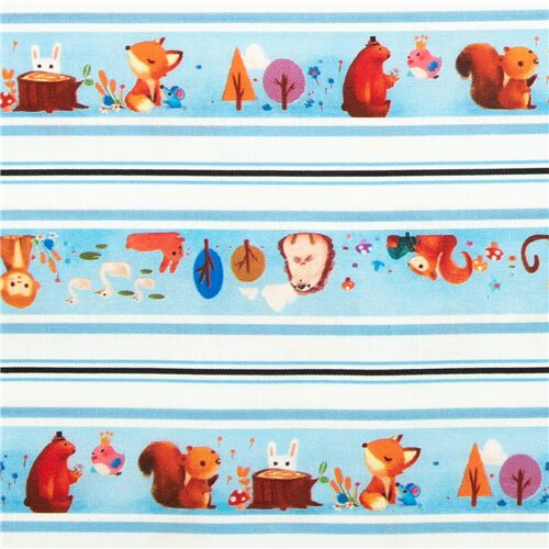 Autumnal Animal Illustrations Woodland Stripe Fabric