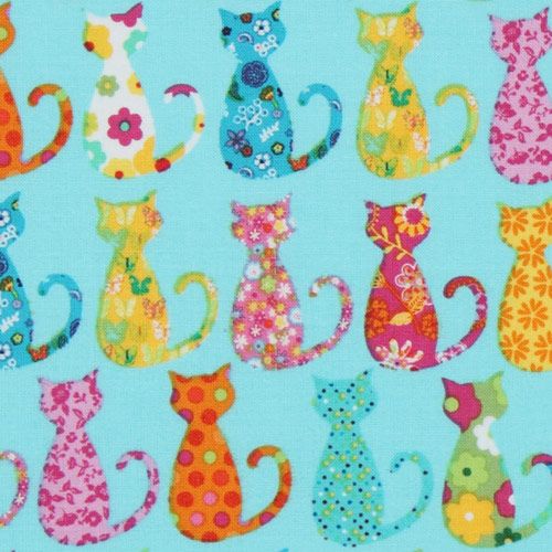 Cute Blue Michael Miller Fabric Colourful Calico Cat Fabric By Michael 