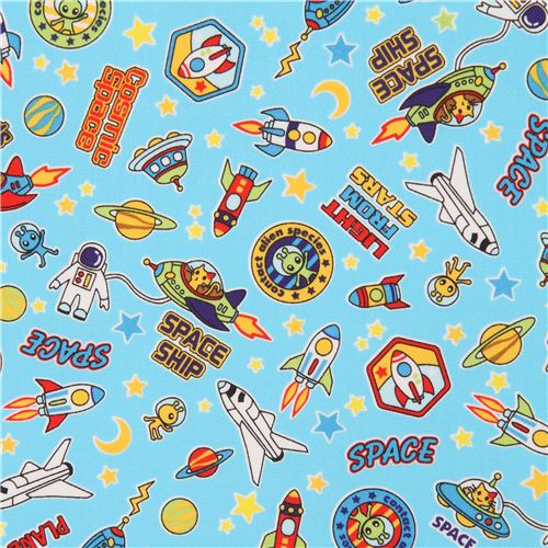 cute blue planet space ship star oxford fabric by Kokka - modeS4u