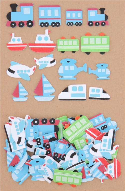 cute blue white red helicopter train boat soft sponge sticker from Japan 2