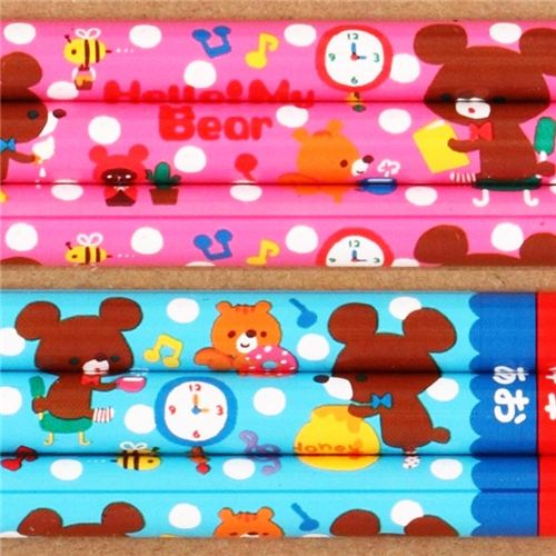 Bonito lápiz bicolor oso marrón con minas en rojo y azul Bolígrafos