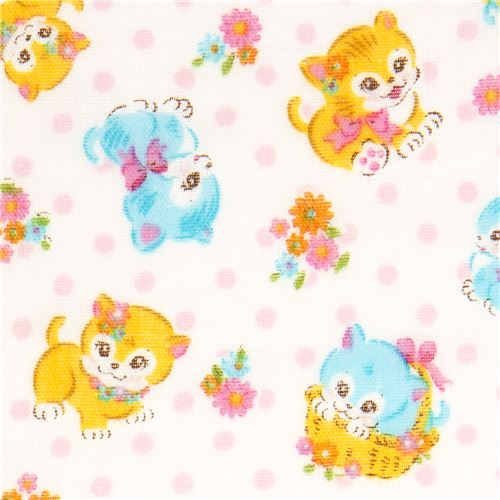 cute gauze fabric little cats flowers polka dots 1