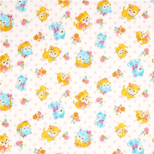 cute gauze fabric little cats flowers polka dots 2