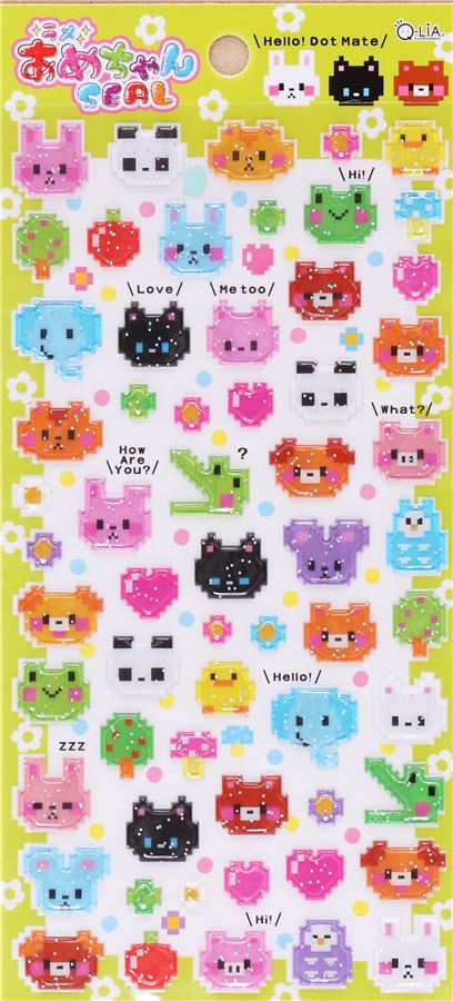 cute hard 3D glitter stickers with animal face 8-bit retro game style ...