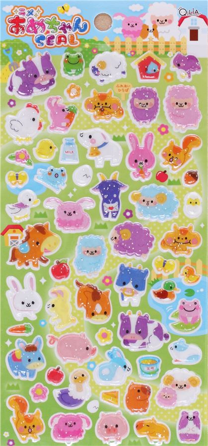 cute hard 3D glitter stickers with colorful pig sheep rabbit Japan ...