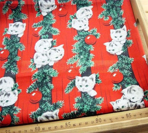 cute kitty christmas fabric pine branches 0.5m 2