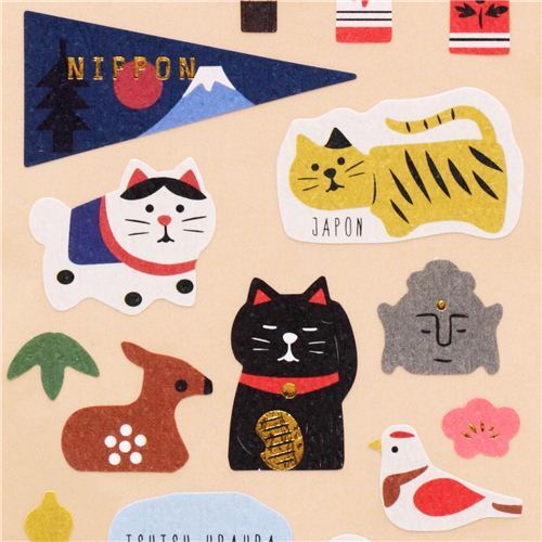 cute lucky fortune cat deer bird stickers with gold color embellishment Cute Stickers