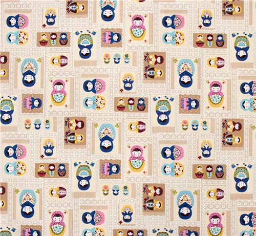 cute matryoshka beige Kokka canvas fabric from Japan 2