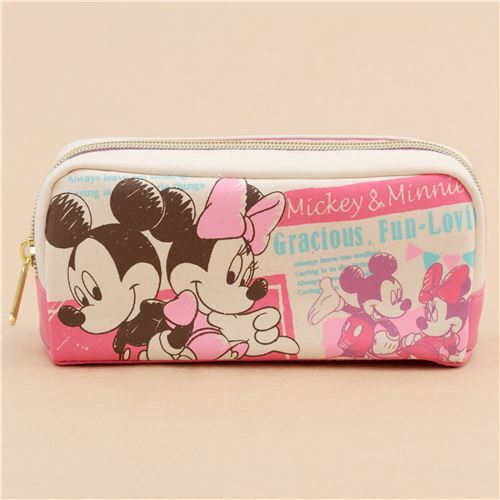 Cute Natural Color Pink Mickey Minnie Mouse Pencil Case From Japan