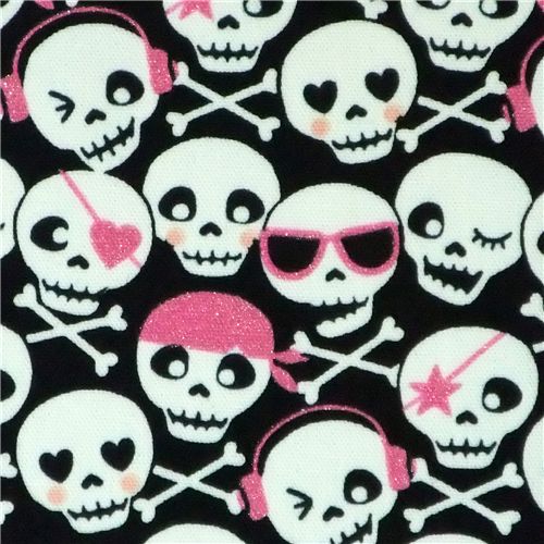 cute skull with pink glitter Kokka fabric Japan Fabric by Kokka - modes4u