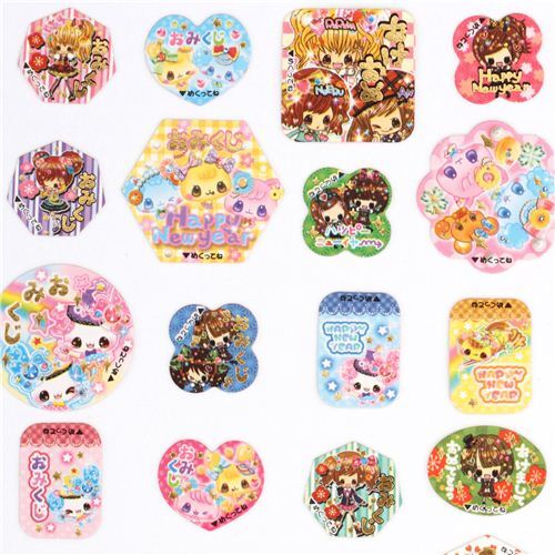 cute small happy new year stickers with little girls and animals set e