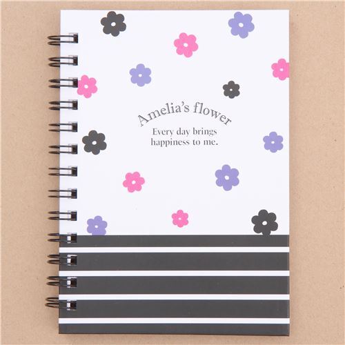 cute white ring binder notebook with pink purple black flower modeS4u