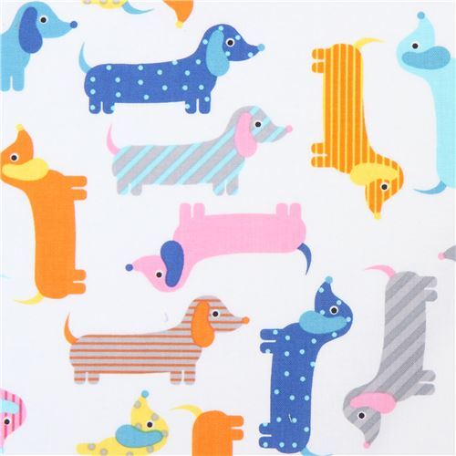 dachshund colorful dog white fabric Urban Zoologie by Robert Kaufman Fabric