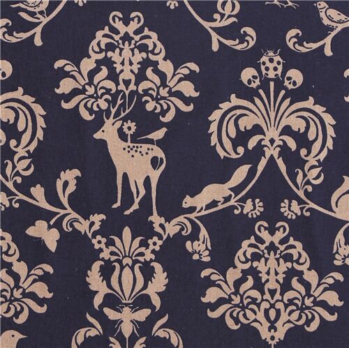 Damast marineblau Hirsch floral Canvas Stoff von Echino Stoff