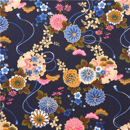 dark blue Asia flower Asia fabric with gold print from Japan Fabric