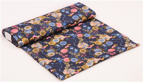 dark blue Asia flower Asia fabric with gold print from Japan 3