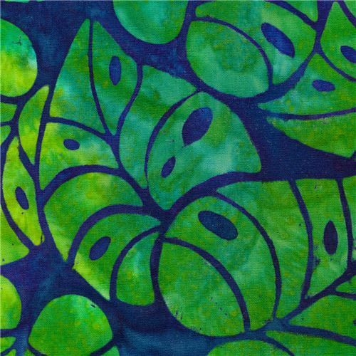 dark blue Batik fabric by Robert Kaufman with green leaves - modeS4u