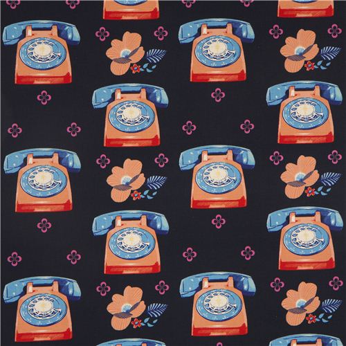 dunkelblauer Canvas Telefon Retro Stoff von Kokka aus Japan 2