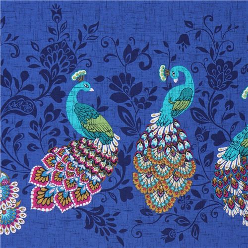 dark blue Michael Miller fabric animal bird double border Peacocks ...