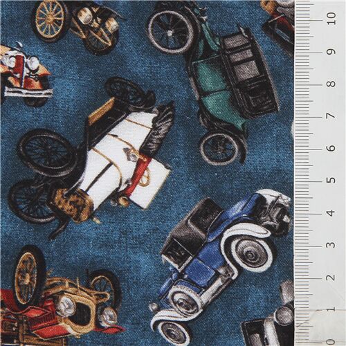 dark blue Robert Kaufman colorful retro car fabric - modeS4u