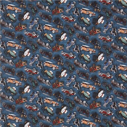 dark blue Robert Kaufman colorful retro car fabric - modeS4u