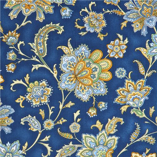 dark blue Robert Kaufman light orange green blue flower fabric LA ...