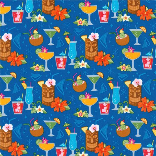 dark blue Robert Kaufman tiki mugs and colorful tropical drinks fabric ...