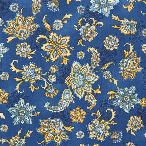 dark blue Robert Kaufman yellow green blue flower fabric LA Provence ...