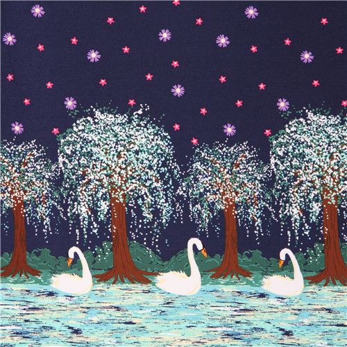 dark blue 'Swan Lake' double border  fabric by Michael Miller Fabric