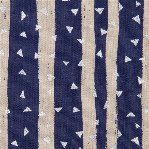 dark blue and natural color embellished stripe canvas fabric by echino