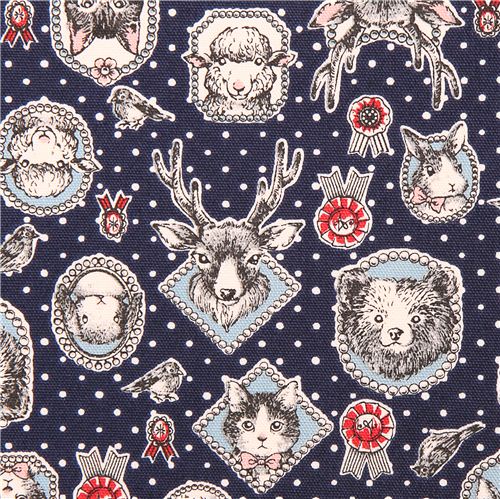 dark blue animal frame oxford fabric Kokka cat bear stag 1