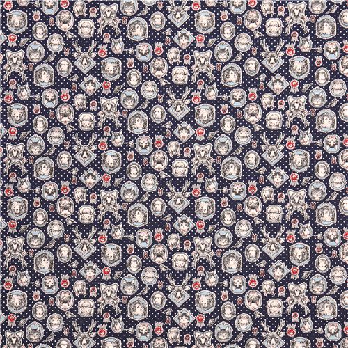 dark blue animal frame oxford fabric Kokka cat bear stag 2