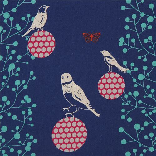 dark blue birds and leaves echino canvas laminate fabric Fabric by