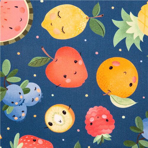 dark blue cotton fabric USA Michael Miller with tumbling smiling fruit Fabric