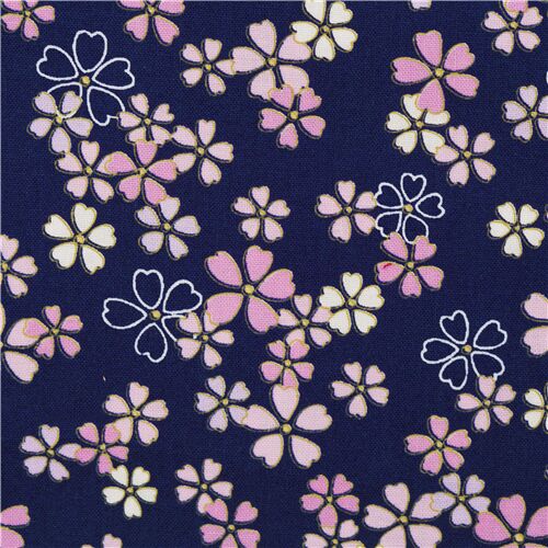 Tela algodón azul oscuro con flores de cerezo de varios tamaños de Japón -  modesS4u