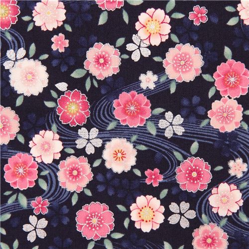 dark blue cute pink Asia Sakura flower fabric with silver metallic from ...