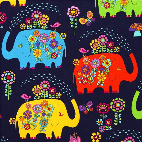 dark blue elephant with flowers fabric Timeless Treasures 1