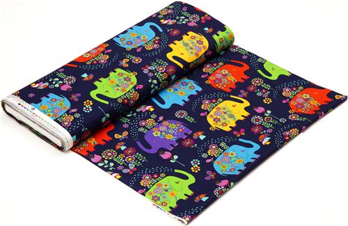 dark blue elephant with flowers fabric Timeless Treasures 3