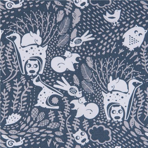 Resto de (11 x 112 cm) - Tela azul oscuro animal hoja ciervo bho conejo gris azul claro Dear Stella