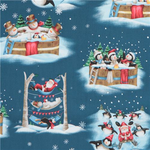 dark blue fabric with santa penguin bird animal Christmas Quilting Treasures  2