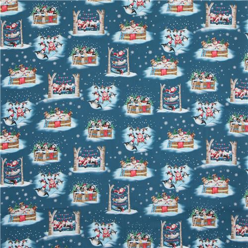 dark blue fabric with santa penguin bird animal Christmas Quilting Treasures  3