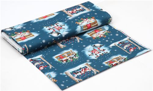 dark blue fabric with santa penguin bird animal Christmas Quilting Treasures  4