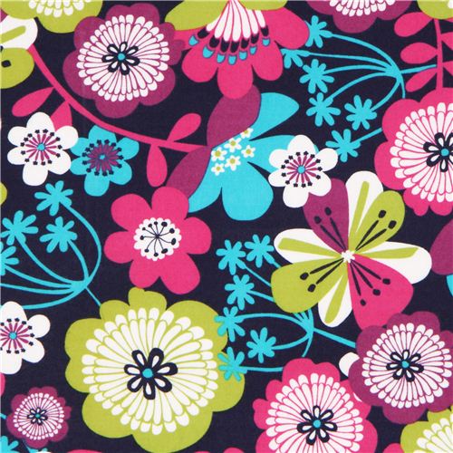 dark blue flannel fabric with big flowers by Robert Kaufman 1