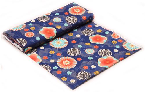 Dark Blue Flower Blossom Fabric Gold Metallic Satsuki By Robert Kaufman 