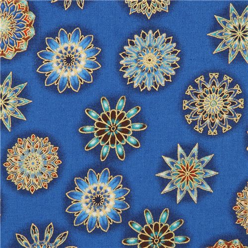 dark blue flower fabric by Robert Kaufman with gold embellishment