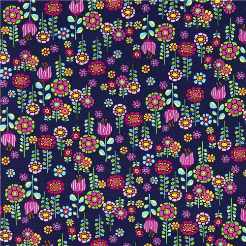 dark blue flowers with stem fabric by Timeless Treasures 2